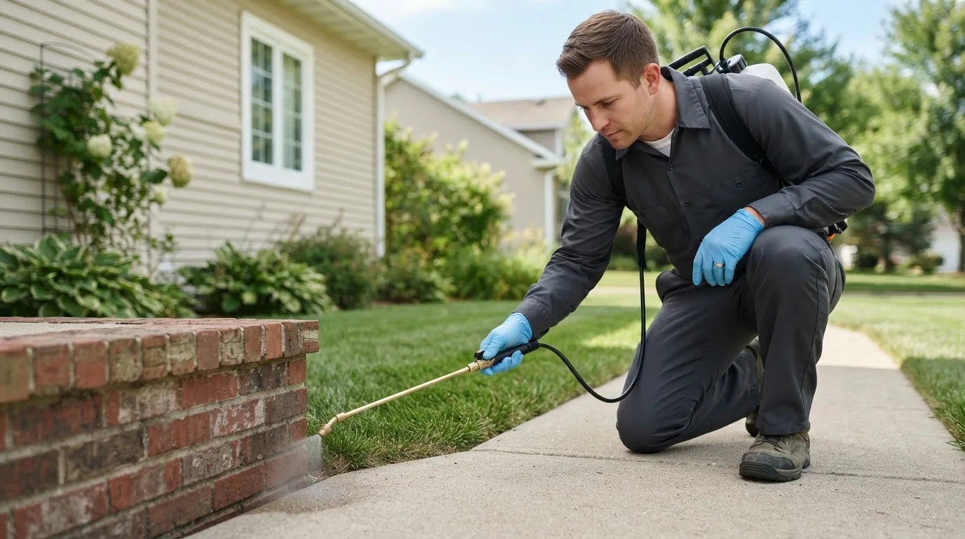 Pest control technician treating a home near Stockport, IA