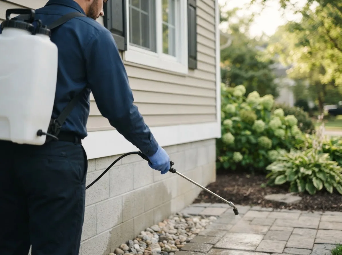 Pest control technician inspecting a home in Stockport, IA